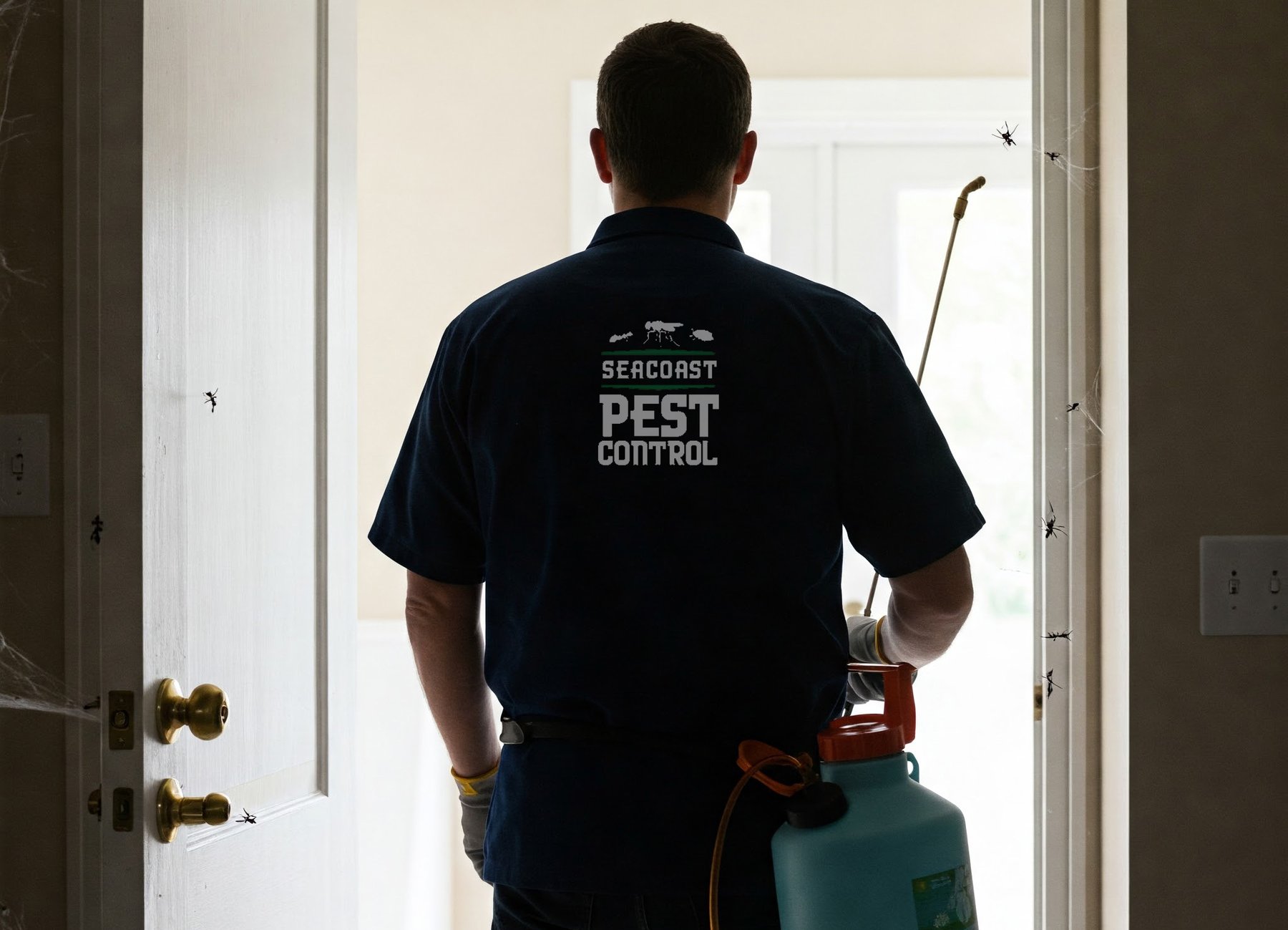 seacoast pest control technician beginning treatment in a home
