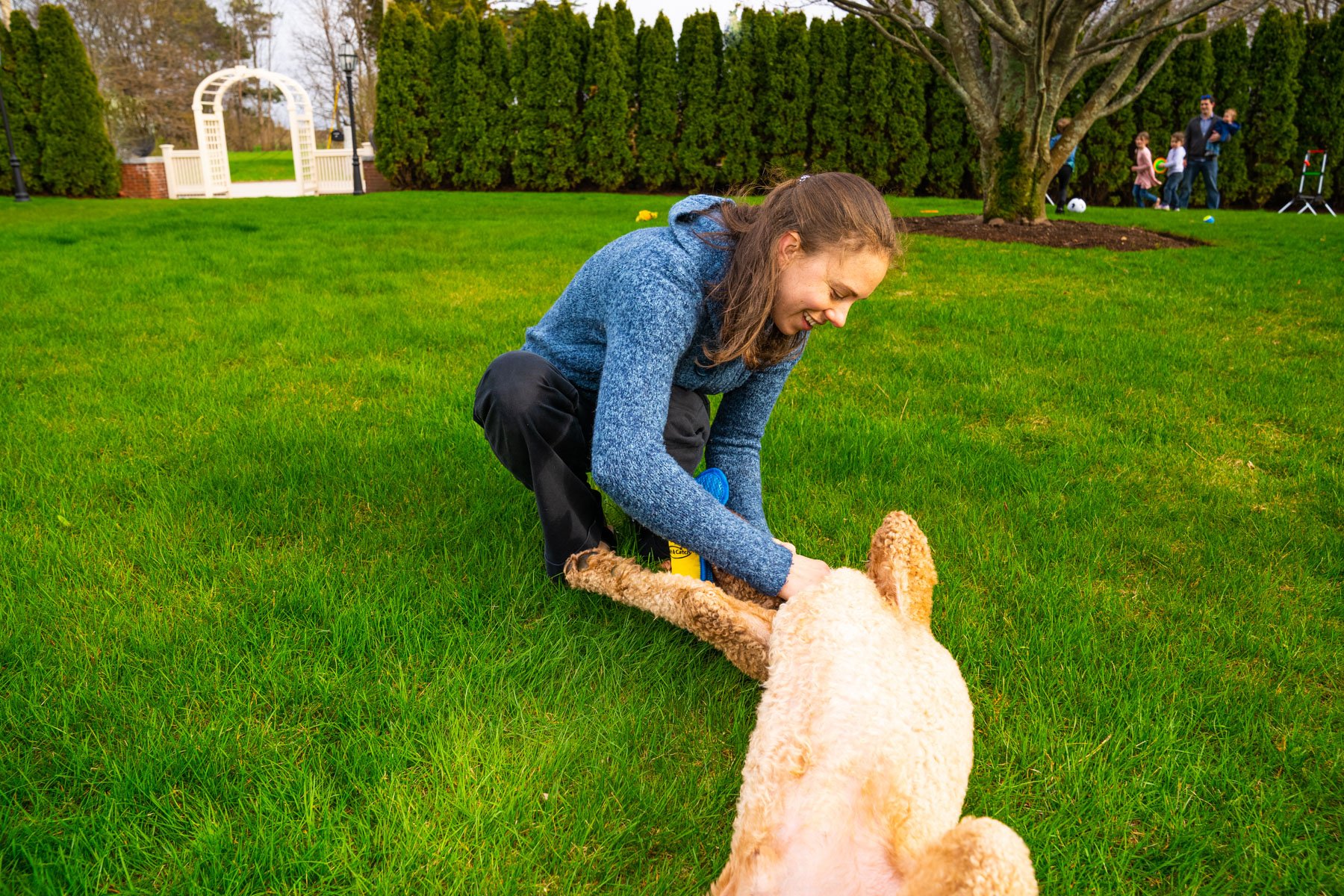 homeowner playing with their dog in the grass