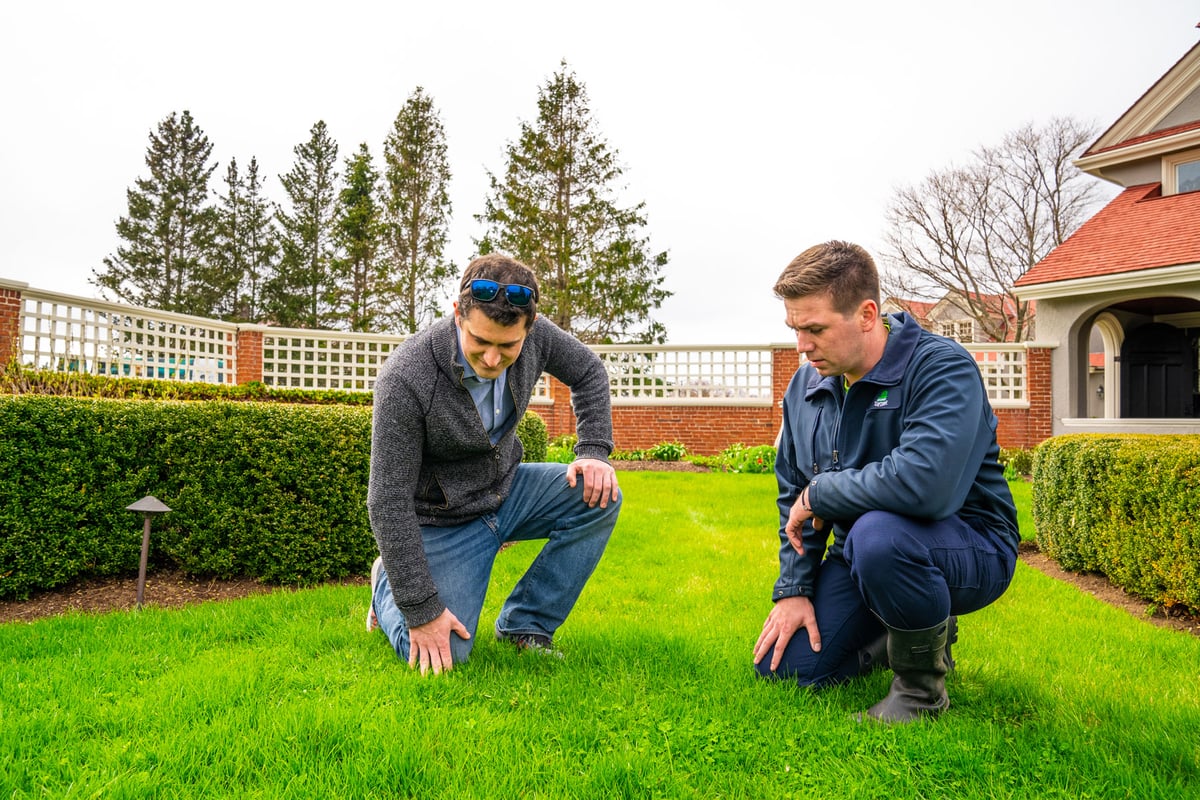 lawn care technician and homeowner inspect grass