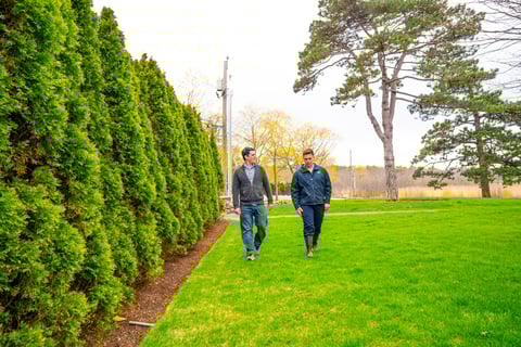 Lawn care technicians in yard in fall