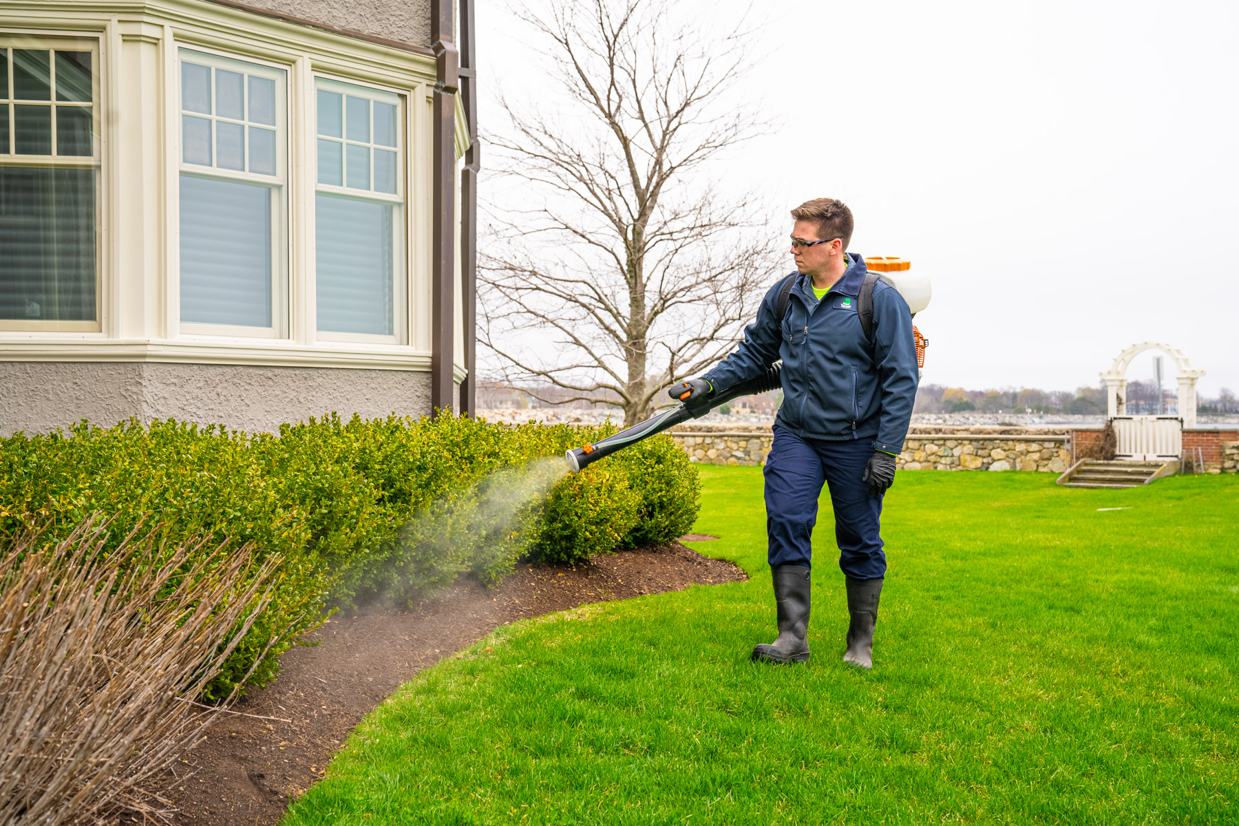 mosquito control expert sprays landscape bed