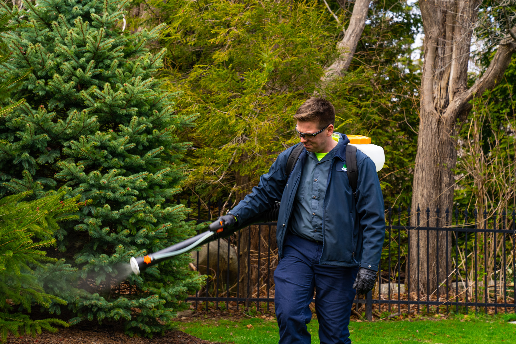 mosquito control technician sprays near trees